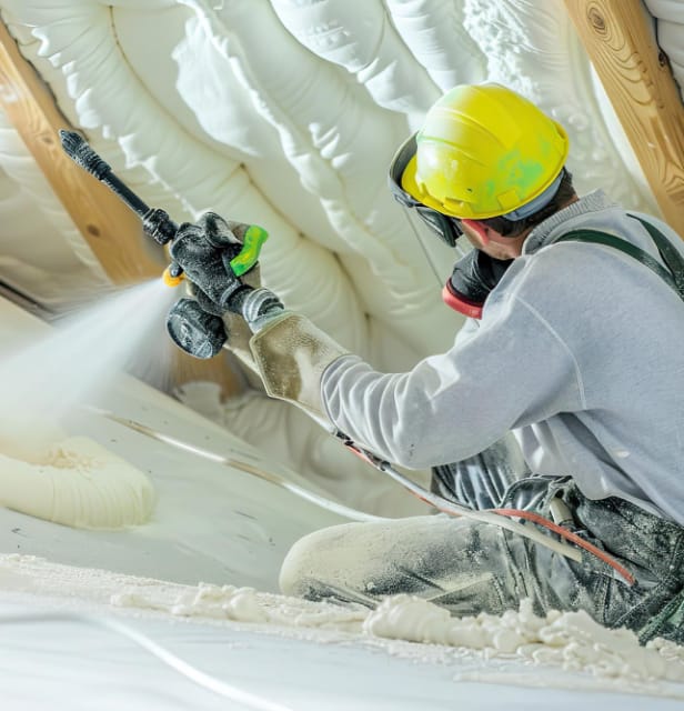 robotnik natryskujący pianę pur na poddaszu